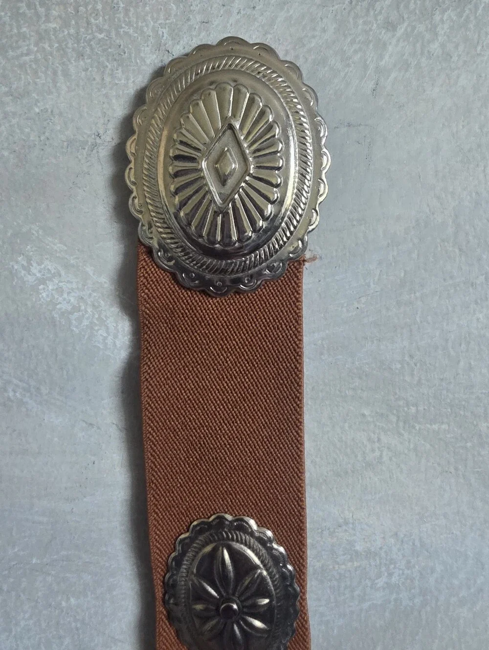 Western Style 5 Concho Tin Belt Brown Elastic Hook Eye Closure One Size
